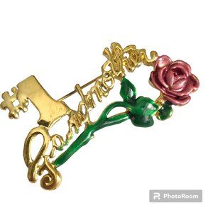 Vintage #1 Grandmother Brooch Pin Gold Plated Pink Rose Grandma Mothers Day Gift